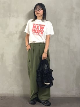 「FREAK'S STORE（フリークスストア）のメッセージロゴ Tシャツ（HOPE）/ホープTシャツ（Tシャツ/カットソー、ホワイト系）」を使った、FREAK'S STORE HEAD OFFICE WOMENさん（レディース・147cm）の夏コーディネート