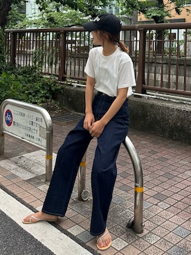 「OUTDOOR PRODUCTS Usual Things（アウトドアプロダクツユージュアルシングス）の≪追加≫DOWNTOWN GIRL CAP（キャップ）」を使った、Meg.さん（レディース・163cm）の夏コーディネート