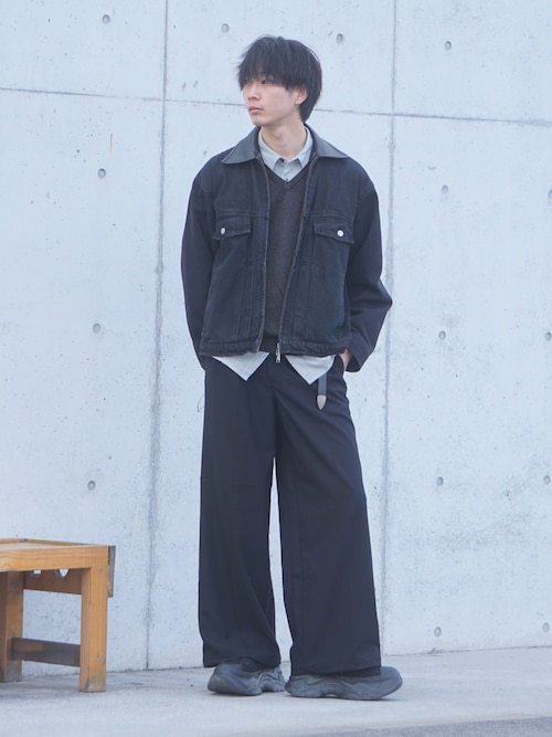 LURAKU】Leather Collar Zip-Up Denim Jacket / 襟レザージップアップ
