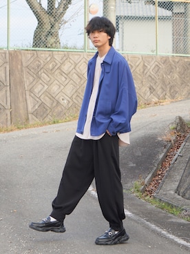 「ノーカラーシャツ」｜「アイテム（ブルゾン）」を使った、uchiさん（メンズ・177cm）の秋コーディネート