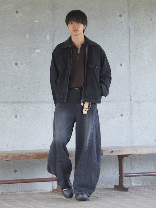 LURAKU】Leather Collar Zip-Up Denim Jacket / 襟レザージップ