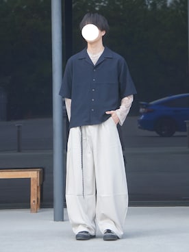 「soerte（ソエルテ）のLoose H / S open collar shirt ( Assort ) / ルーズハーフスリーブオープンカラーシャツ【短丈】【ニュアンスストライプ＆無地】（シャツ/ブラウス、ブルー系）」を使った、uchiさん（メンズ・177cm）の春コーディネート