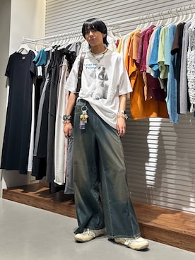 「PAGEBOY（ページボーイ）の＜まるでデニム見え！/紫外線カット/接触冷感/ストレッチ＞マルデニメガレッグパンツ（デニムパンツ、グリーン系）」を使った、かなうさん（メンズ・172cm）の夏コーディネート
