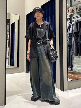 「PAGEBOY（ページボーイ）の＜まるでデニム見え！/紫外線カット/接触冷感/ストレッチ＞マルデニメガレッグパンツ（デニムパンツ、グリーン系）」を使った、かなうさん（メンズ・172cm）の夏コーディネート
