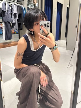 「PBLIM（ページボーイリム）の《UNISEX》ヘンリーレイヤードタンク / ２枚セット（タンクトップ、ブルー系）」を使った、かなうさん（メンズ・172cm）の夏コーディネート