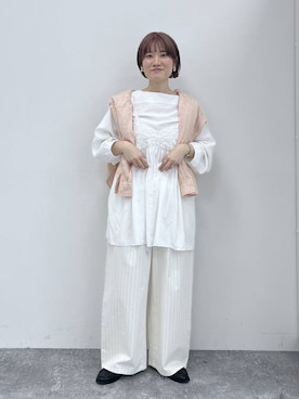 「studio CLIP（スタディオクリップ）の【リネン100%】バンドカラーシャツ（シャツ/ブラウス、オレンジ系）」を使った、miyuさん（レディース・157cm）の春コーディネート