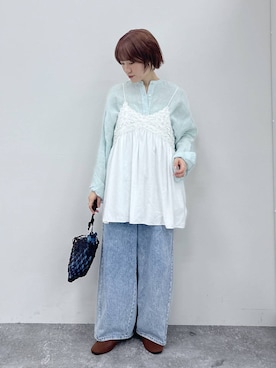 「studio CLIP（スタディオクリップ）の【リネン100%】バンドカラーシャツ（シャツ/ブラウス、グリーン系）」を使った、miyuさん（レディース・157cm）の春コーディネート