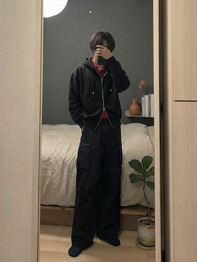 「soerte（ソエルテ）のHeavy weight double zip-up hoodie /ヘビーウェイトダブルジップフーディー（Hoodies、ブラック系）」を使った、やそさん（メンズ・181cm）の春コーディネート