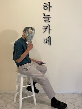 「HARE（ハレ）のレイヤリングスタンドカラーシャツ(HARE)（シャツ/ブラウス、グリーン系）」を使った、masaさん（メンズ・168cm）の夏コーディネート