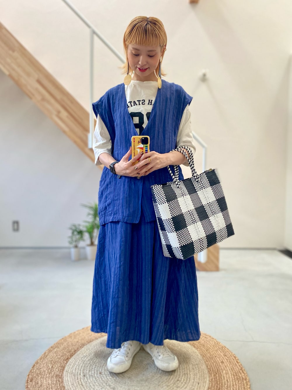 レトラ　中型かごバッグ 青緑チェック レトラ 中型かごバッグ 青緑チェック レトラ 中型かごバッグ 青