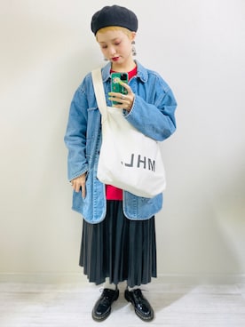 「レザースカート」｜「アイテム（ハンチング/ベレー帽）」を使った、moratoriamu.さん（レディース・155cm）の冬コーディネート