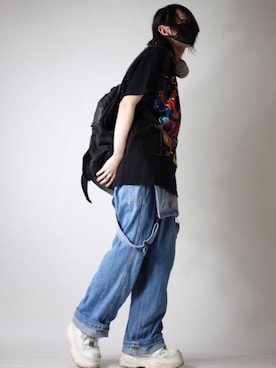 「バンドT」｜「アイテム（オールインワン・サロペット）」を使った、らいさん（メンズ・168cm）の夏コーディネート