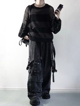 「cussil（クシル）の【cussil/クシル】【12oz】 ルーズシルエットアシンメトリーサスペンダーカーゴデニムパンツ（デニムパンツ）」を使った、らいさん（メンズ・170cm・20代）の夏コーディネート