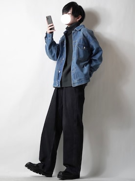 「バギーパンツ」｜「アイテム（デニムジャケット）」を使った、らいさん（メンズ・170cm）の冬コーディネート