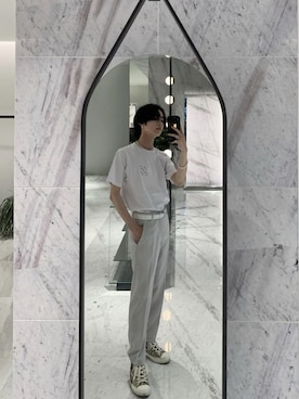 「ホワイトスニーカー」｜「アイテム（スラックス）」を使った、翔貴さん（メンズ・174cm）の夏コーディネート