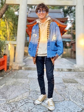 「チェック柄に恋してる」｜「アイテム（デニムジャケット）」を使った、CHINさんパパさん（メンズ・163cm）の秋コーディネート