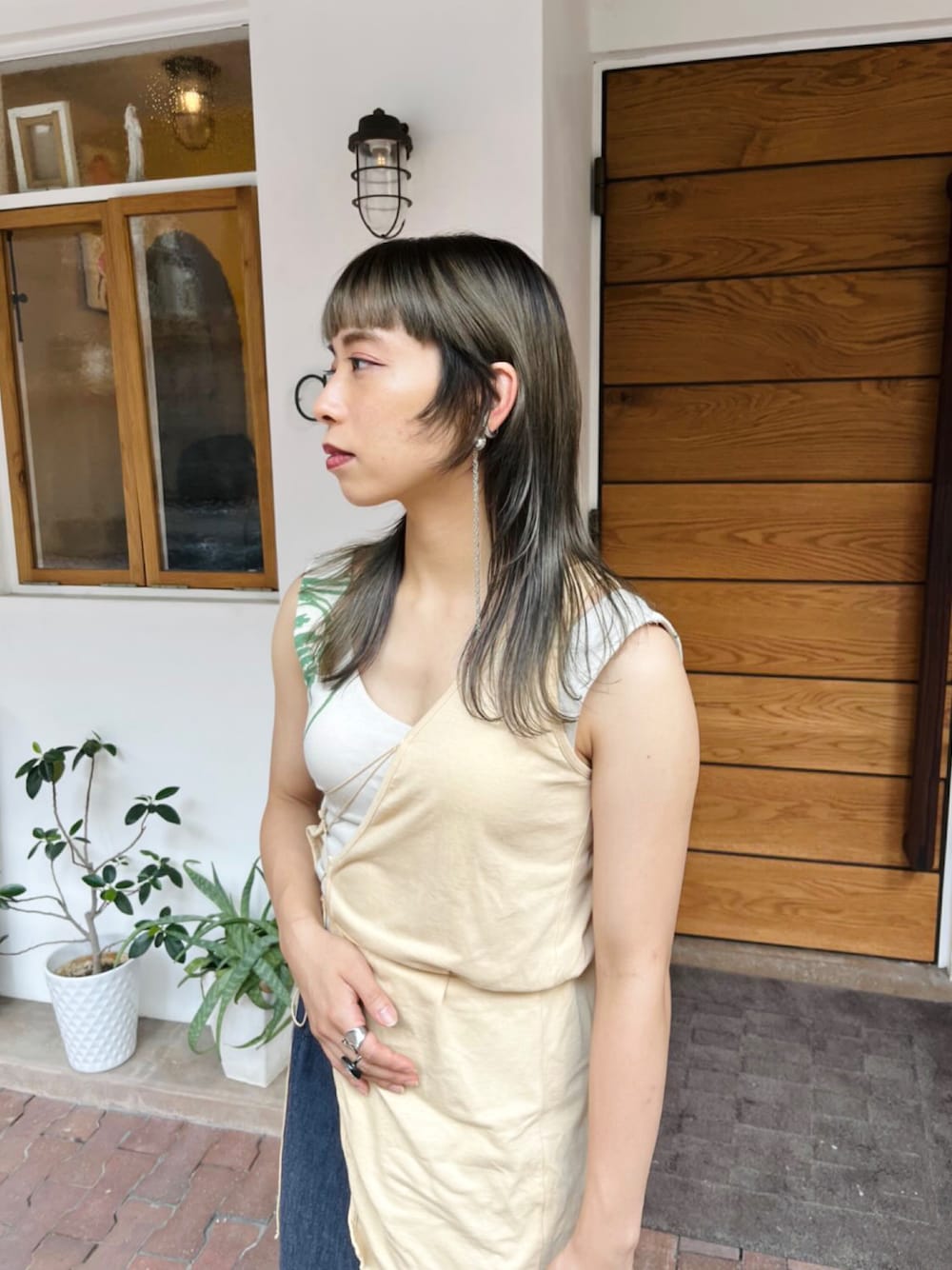「古着MIX、古着コーデ、Littlesuzie、低身長コーデ、低身長」｜「little $uzieのアイテム（トップス、ベージュ系）」を使った、NANAKAさん（レディース・153cm）の夏コーディネートの1枚目の写真
