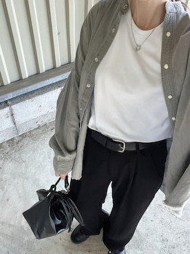 「hunch（ハンチ）の【WEB限定/別注】 バンドカラー オーバーサイズ　デニムシャツ（シャツ/ブラウス）」を使った、ERIKAさん（レディース・158cm）の秋コーディネート