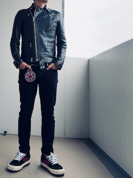 「アイテム（ライダースジャケット）」を使った、べべさん（メンズ・174cm）の秋コーディネート