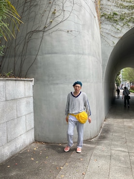 「ハンチング」｜「アイテム（スウェットパンツ）」を使った、ひろまるさん（メンズ・170cm）の春コーディネート