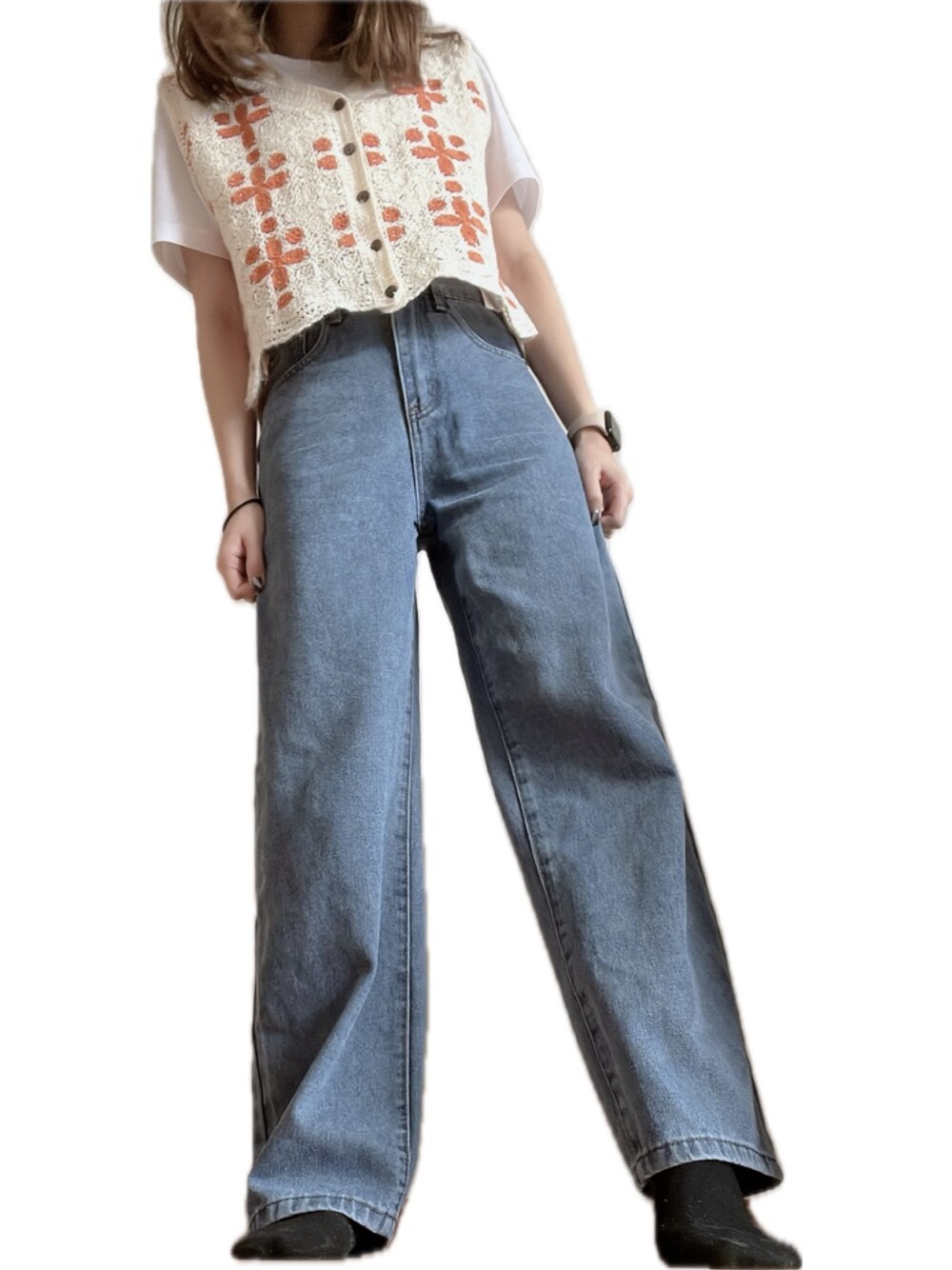 「ベスト、デニム、パンツスタイル、スニーカー、ショルダーバッグ、白Tシャツ、UNIQLO、SHIEN、VANS、agnes b.、ootd」｜「shienのハイウエスト ワイドパンツ デニムジーンズ（パンツ、ブルー系）」を使った、R iさん（レディース・158cm）の秋コーディネートの1枚目の写真