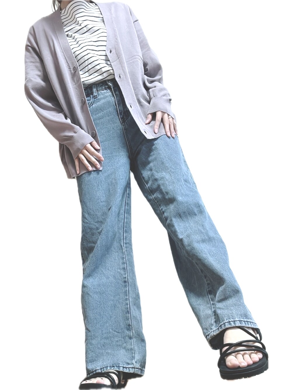 「プチプラ、ラクチンコーデ、デニム、ラフコーデ、ボーダー、カーディガン、パンツスタイル、サンダル、GU、SHIEN、MICHAEL KORS、ootd」｜「SHIENのDAZY スラントポケット ボーイフレンドジーンズ（パンツ、ブルー系）」を使った、R iさん（レディース・158cm）の夏コーディネートの1枚目の写真
