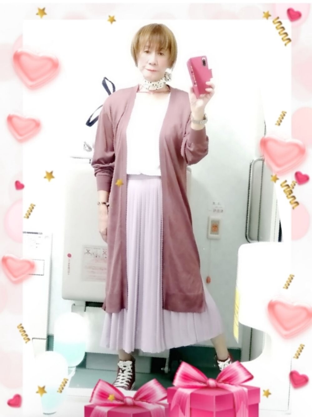 「LadiesLike　優稀。®、マキシ丈プリーツスカート、GU、UNIQLO、レディースライク、女装、レディースファッション、レディース男子、レディースアイテム、しまむら、ROLEX、ブラウス、カーディガン、スニーカー」｜「UNIQLOのアイテム（スカート、ピンク系）」を使った、LadiesLike　優稀。®さん（メンズ・171cm）の秋コーディネートの1枚目の写真