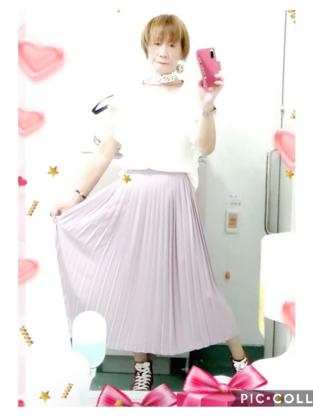 「LadiesLike　優稀。®、マキシ丈プリーツスカート、UNIQLO、ブラウス、CECIL McBEE、スニーカー、しまむら、レディースコーデ、レディースライク、レディース男子、レディースファッション、女装」｜「UNIQLOのアイテム（スカート、ピンク系）」を使った、LadiesLike　優稀。®さん（メンズ・171cm）の秋コーディネートの1枚目の写真