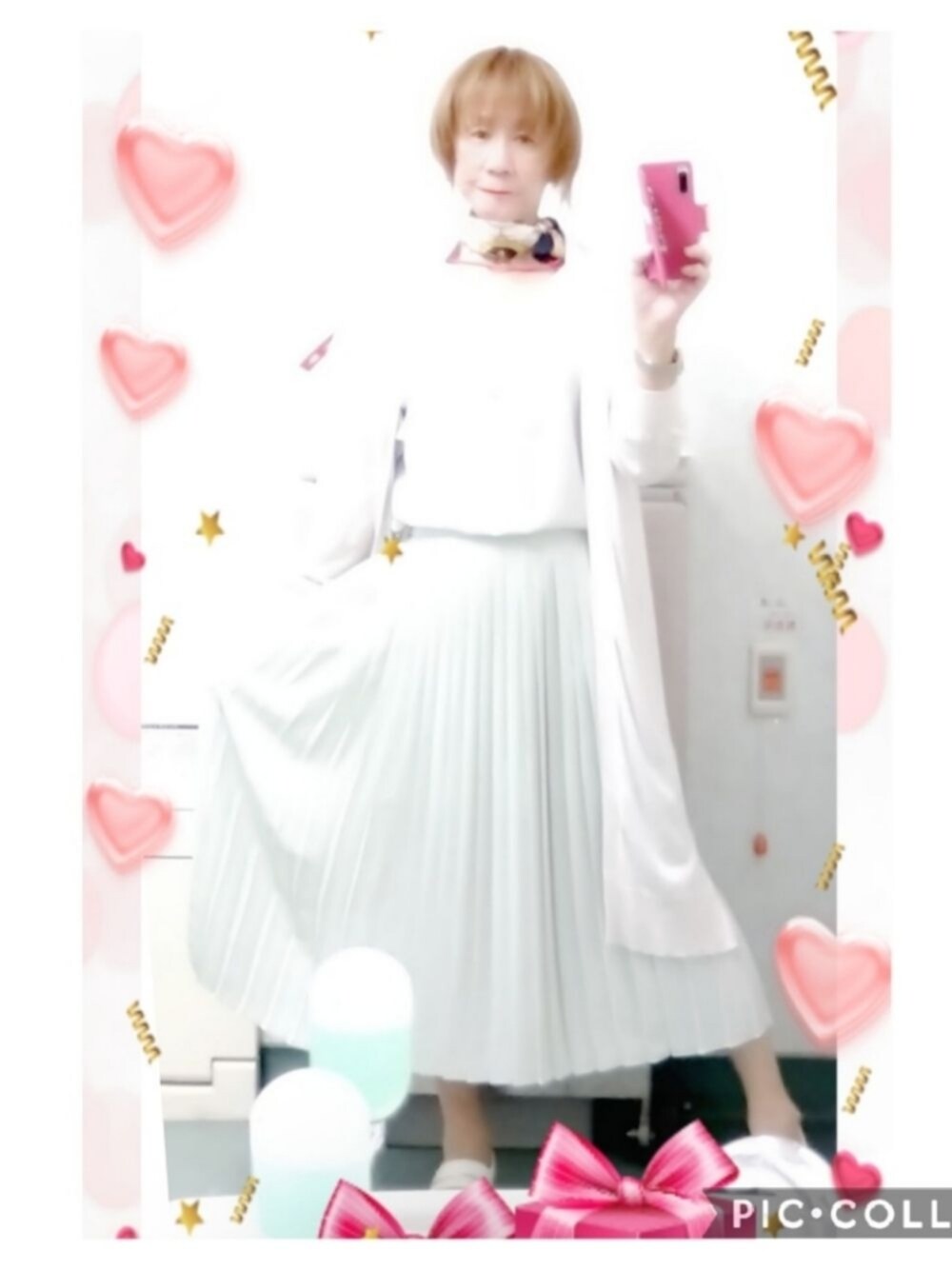 「LadiesLike　優稀。®、レディースライク、マキシ丈プリーツスカート、UNIQLO、ブラウス、カーディガン、GU、腕時計、ROLEX」｜「UNIQLOのアイテム（スカート、グリーン系）」を使った、LadiesLike　優稀。®さん（メンズ・171cm）の秋コーディネートの1枚目の写真