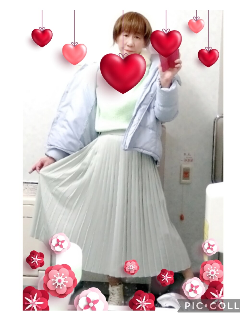「LadiesLike　優稀。®、プリーツスカート、UNIQLO、GU、ダウンジャケット」｜「UNIQLOのアイテム（スカート、グリーン系）」を使った、LadiesLike　優稀。®さん（メンズ・171cm）の春コーディネートの1枚目の写真