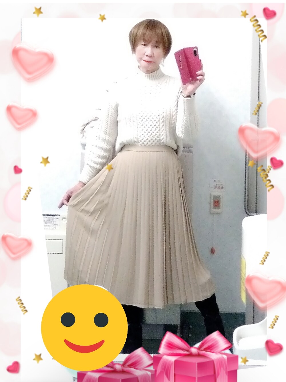 「LadiesLike　優稀。®、レディースライク、プリーツスカート、UNIQLO、ニット、GU、ブーツ、しまむら」｜「UNIQLOのアイテム（スカート、ベージュ系）」を使った、LadiesLike　優稀。®さん（メンズ・171cm）の冬コーディネートの1枚目の写真