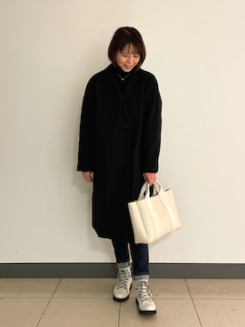 「リブニット」｜「アイテム（ノーカラーコート）」を使った、いちえさん（レディース・156cm）の冬コーディネート