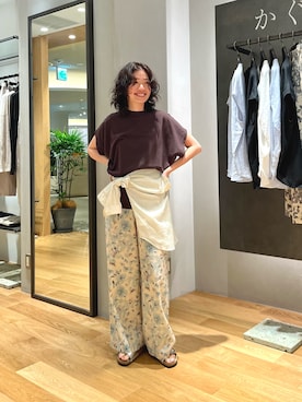 「かぐれ（カグレ）のフレンチスリーブカットソー（Tシャツ/カットソー、ブラウン系）」を使った、takagi kotomiさん（レディース・163cm）の夏コーディネート