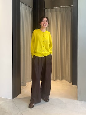 「かぐれ（カグレ）のコットンエアリーカーディガン（カーディガン/ボレロ、イエロー系）」を使った、takagi kotomiさん（レディース・163cm）の夏コーディネート