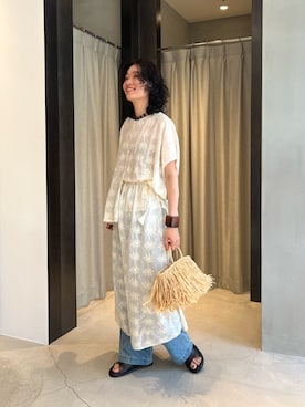 「かぐれ（カグレ）のコットンガーゼ刺繍2WAYブラウス（シャツ/ブラウス、ホワイト系）」を使った、takagi kotomiさん（レディース・163cm）の夏コーディネート