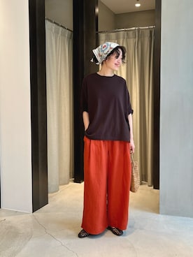 「かぐれ（カグレ）のワイド6分袖プルオーバー（Tシャツ/カットソー、ブラウン系）」を使った、takagi kotomiさん（レディース・163cm）の夏コーディネート