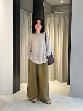 「かぐれ（カグレ）のリネンボートネックカットソー（Tシャツ/カットソー、ベージュ系）」を使った、takagi kotomiさん（レディース・163cm）の夏コーディネート