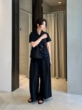 「かぐれ（カグレ）のコットンフレンチスリーブシャツ（シャツ/ブラウス、ブラック系）」を使った、takagi kotomiさん（レディース・163cm）の夏コーディネート