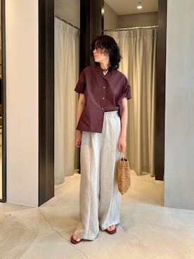 「かぐれ（カグレ）のコットンフレンチスリーブシャツ（シャツ/ブラウス、ブラウン系）」を使った、takagi kotomiさん（レディース・163cm）の夏コーディネート