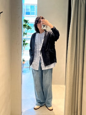 「かぐれ（カグレ）のリネンカシュクールカーディガンジャケット（ノーカラージャケット、ブルー系）」を使った、takagi kotomiさん（レディース・163cm）の春コーディネート