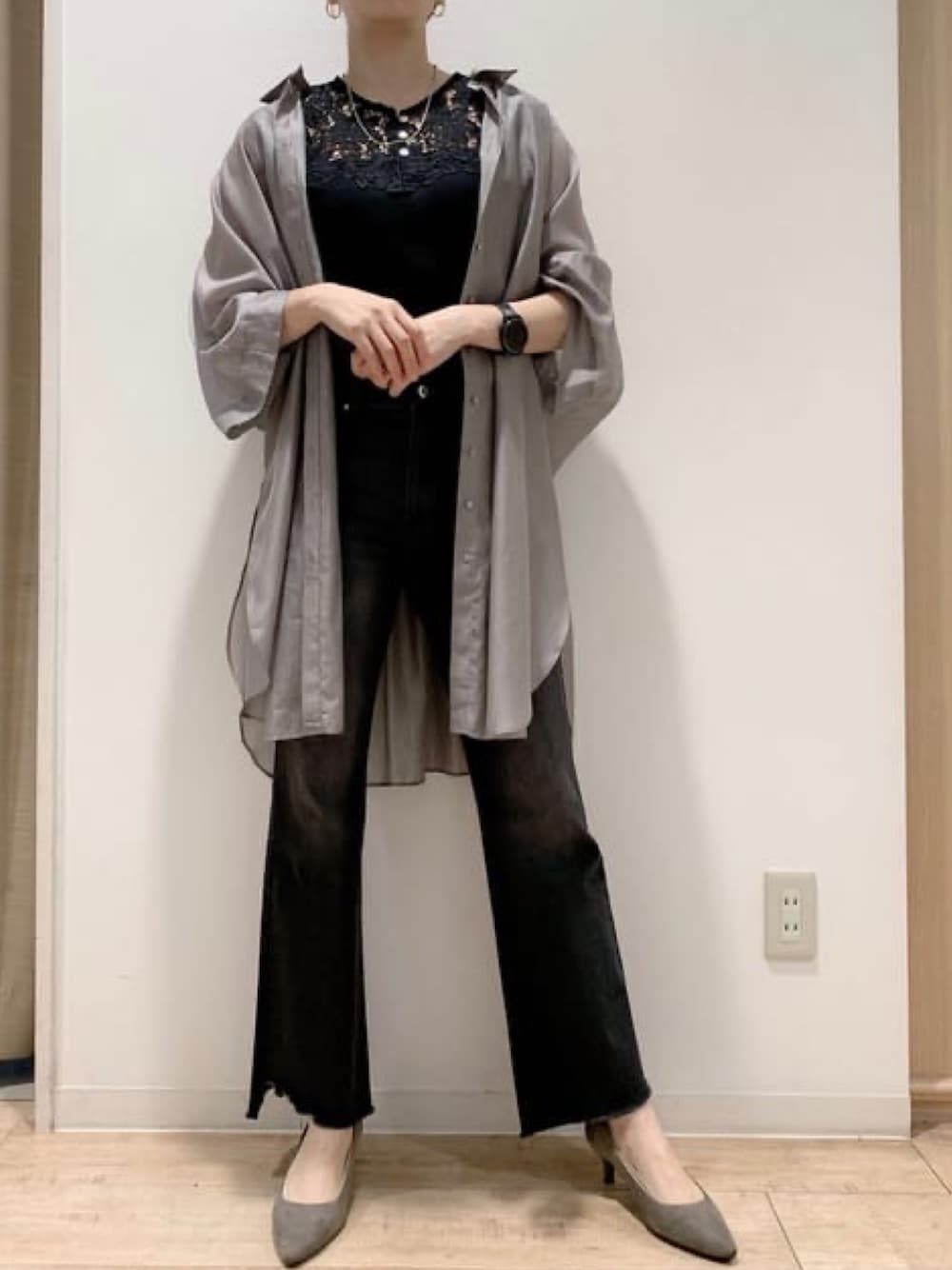 「Bou Jeloudのレース２ｗａｙタンクトップ（タンクトップ、ブラック系）」を使った、Bou Jeloudさん（レディース・165cm）の秋コーディネートの1枚目の写真