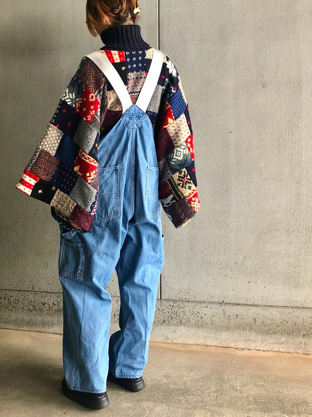 「私の推しブランド、77circa、MADE by sunny side up、リメイクニット、オーバーオール、coucou suzetto、ニットコーデ、ハイネック」｜「77circaのアイテム（ニット/セーター、その他）」を使った、アクロン🚛🎶さん（レディース・164cm）の冬コーディネートの1枚目の写真