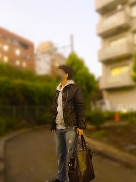 「ISAMU KATAYAMA BACKLASH（イサムカタヤマバックラッシュ）のアイテム（ミリタリージャケット）」を使った、ショウ★さん（メンズ・165cm）の冬コーディネート