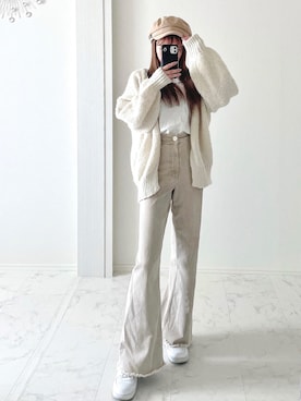 「titivate（ティティベイト）のﾛｰｹﾞｰｼﾞﾊﾝﾄﾞﾗｲｸﾆｯﾄｶｰﾃﾞｨｶﾞﾝ（カーディガン/ボレロ）」を使った、ゆりしょんさん（レディース・155cm）の冬コーディネート