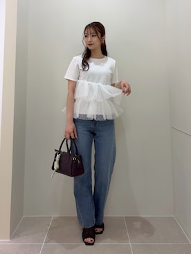 「NATURAL BEAUTY BASIC（ナチュラルビューティーベーシック）の【追加生産】カットドビーティアードカットソー（Tシャツ/カットソー、ホワイト系）」を使った、misakiさん（レディース・160cm）の夏コーディネート