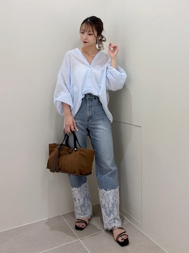「NATURAL BEAUTY BASIC（ナチュラルビューティーベーシック）のスキッパードルマンシャツ（シャツ/ブラウス、ブルー系）」を使った、misakiさん（レディース・160cm）の秋コーディネート