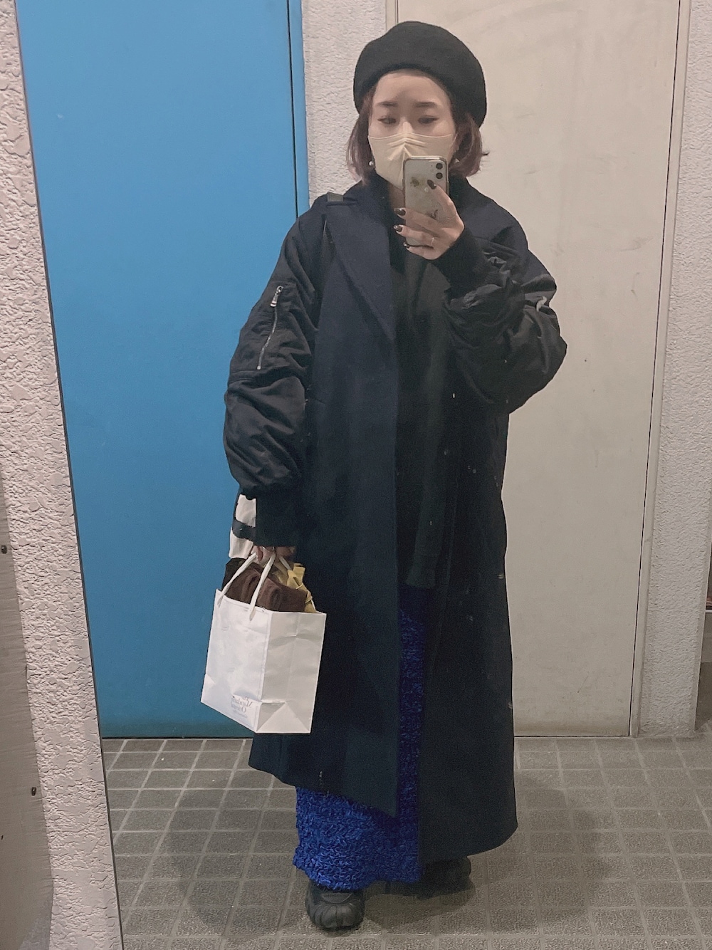 「秋冬コーデ、オトナ女子、低身長コーデ」｜「SENSE OF PLACE by URBAN RESEARCHのビッグフェルトベレー（ハンチング/ベレー帽、ブラック系）」を使った、ponさん（レディース・154cm）の冬コーディネートの1枚目の写真
