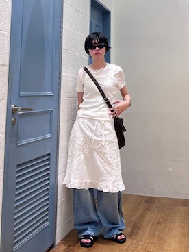「LOWRYS FARM（ローリーズファーム）のマルチポケットショルダーＢＡＧ 1000269（ショルダーバッグ、ブラック系）」を使った、ぴんさん（レディース・161cm）の夏コーディネート