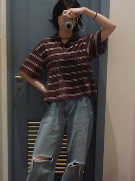 「LOWRYS FARM（ローリーズファーム）のワイドストレートデニムパンツ　607883（デニムパンツ、ブルー系）」を使った、ぴんさん（レディース・161cm）の夏コーディネート