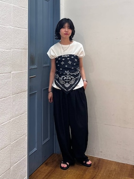 「LOWRYS FARM（ローリーズファーム）の【接触冷感】ベーシックノースリーブ　1043004（Tシャツ/カットソー、ホワイト系）」を使った、ぴんさん（レディース・161cm）の夏コーディネート